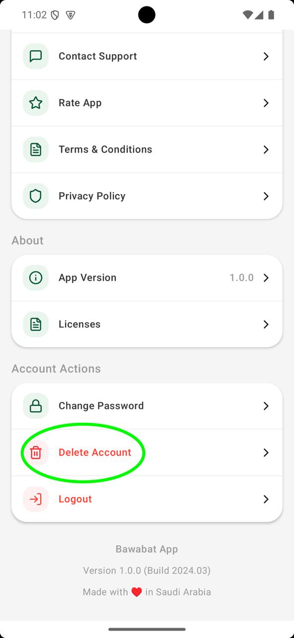 Bawabat app settings screen with the Delete Account option highlighted