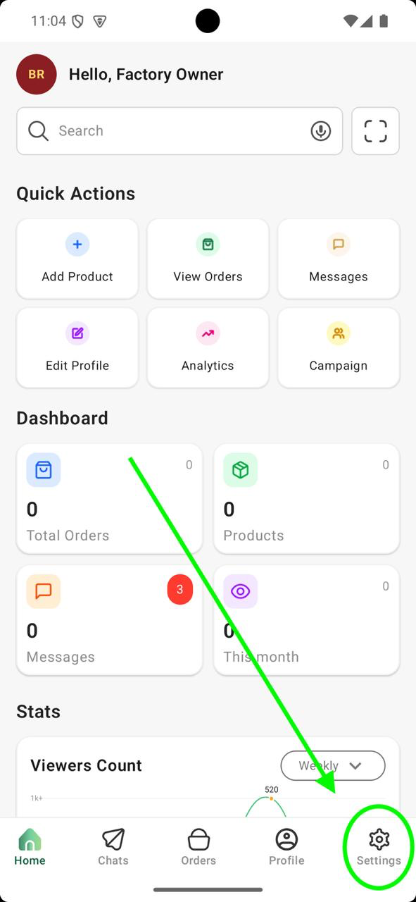 Provider app dashboard with the Settings tab highlighted in the bottom navigation bar