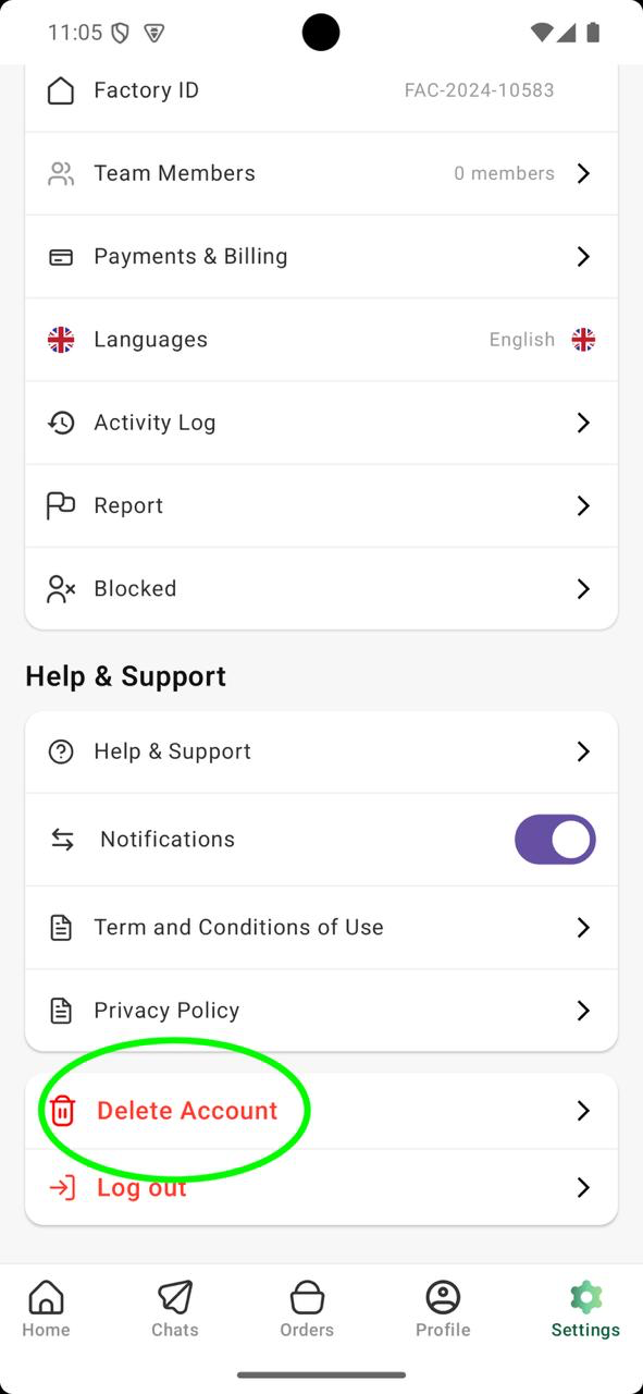 Provider app settings screen with the Delete Account option highlighted